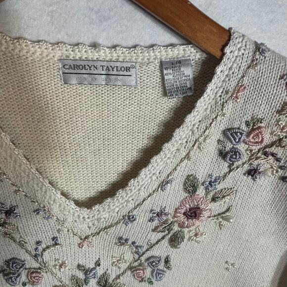 Vtg Carolyn Taylor Sweater Large White Pearl Accents Cottagecore Grannycore - Picture 2 of 6